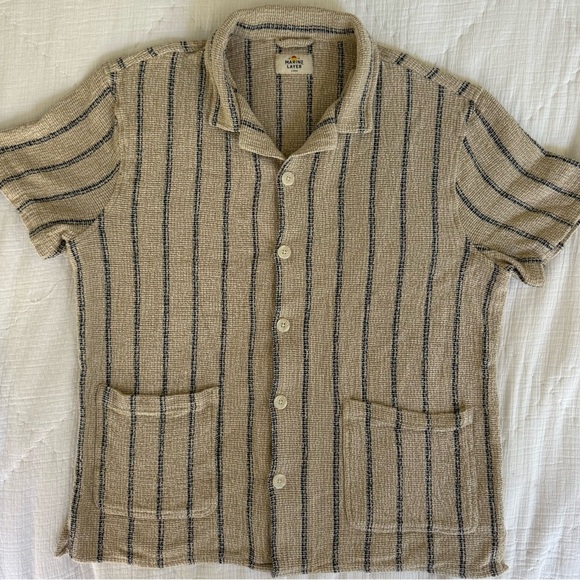 Marine Layer Striped Button-Front Shirt Men’s Large Beige Navy Cotton - Picture 2 of 14